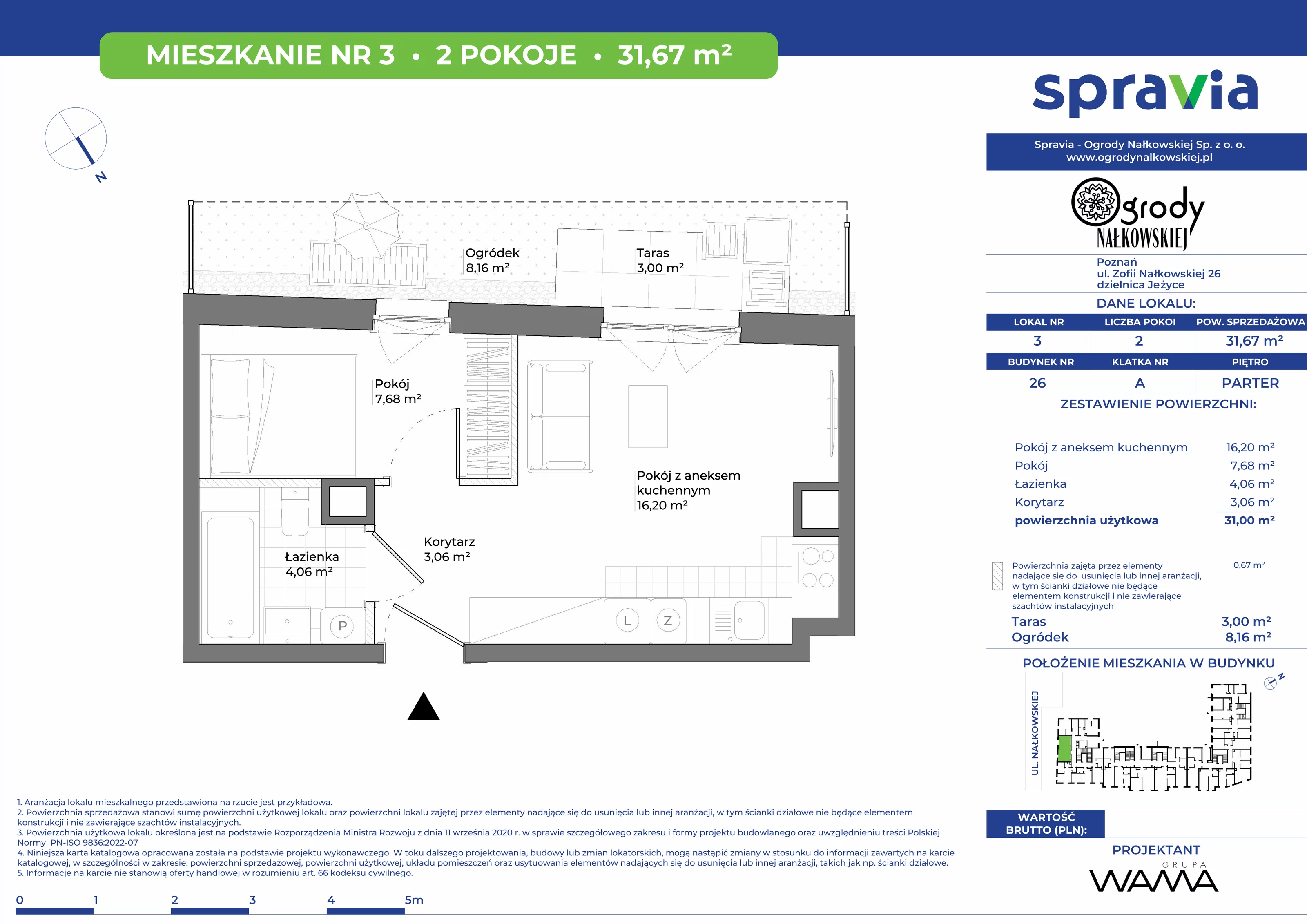 2 pokoje, mieszkanie 31,67 m², parter, oferta nr 26-3, Ogrody Nałkowskiej, Poznań, Ogrody, ul. Nałkowskiej 24, 26